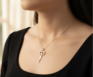 Luxury gold chastity key necklace worn by a keyholder, handcrafted symbolic jewellery